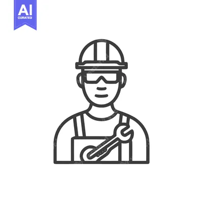 Premium design asset: Minimalist Line Art Icon of a Worker in Hard Hat and Safety Goggles Ho