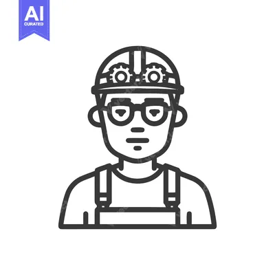 Minimalist Engineer Icon: Smart Worker with Gear Hard Hat, Glasses, an