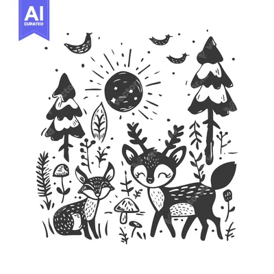 A Black and White Illustration of a Deer and Fox in a Forest Scene