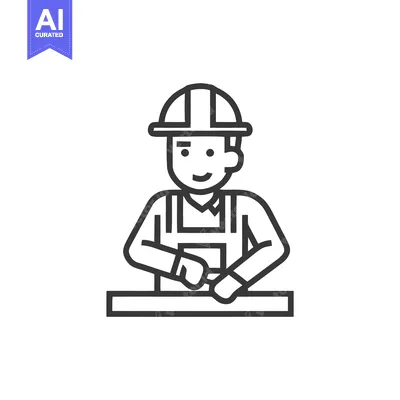 Aset premium populer: Smiling Line Art Icon of Construction Worker in Hard Hat and Overalls