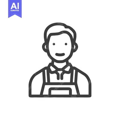 Popular premium asset: Minimalist Line Art Icon of Smiling Male Worker in Apron, Clean Vector