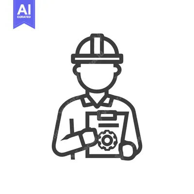 Outline Icon of Engineer or Worker in Hard Hat Holding Clipboard with