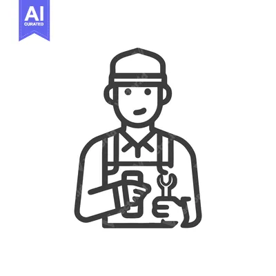 Aset desain premium: Minimalist Line Art Icon of Smiling Mechanic with Wrench and Bottle, P
