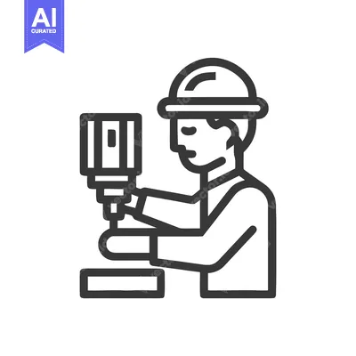 Aset desain premium: Industrial Worker Operating Drilling Machine Icon in Minimalist Line A