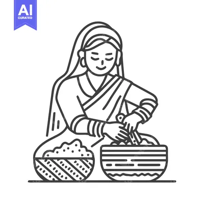 Popular premium asset: Smiling Woman Kneading Dough in Traditional Attire, Minimalist Line Ar