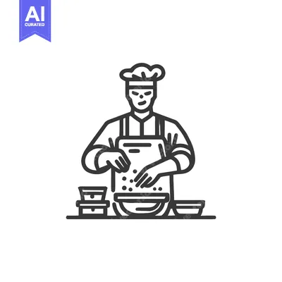 Stylized Line Art Icon of Chef in Hat and Apron Preparing Food