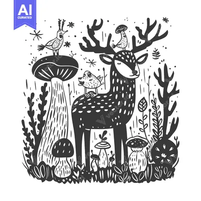 A Black and White Illustration of a Deer with Birds and Mushrooms in a
