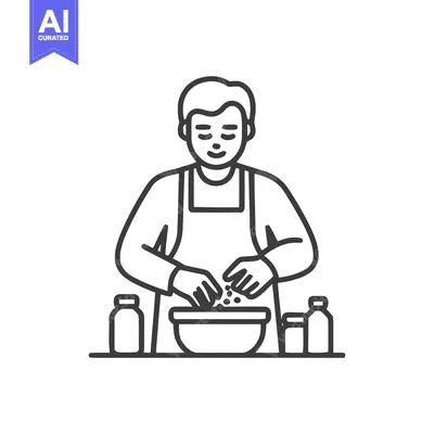 Aset premium populer: Monochrome Line Art Icon of a Person in Apron Preparing Food, Mixing I