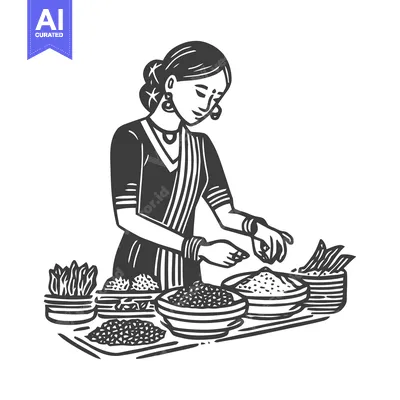 Elegant Indian Woman Preparing Traditional Food Items, Monochromatic L