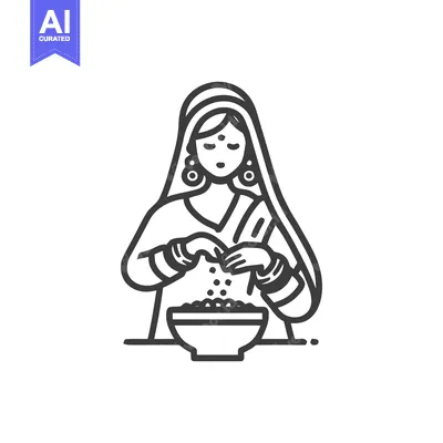 Graceful Indian Woman in Sari Icon Preparing Food or Spices in Bowl, M