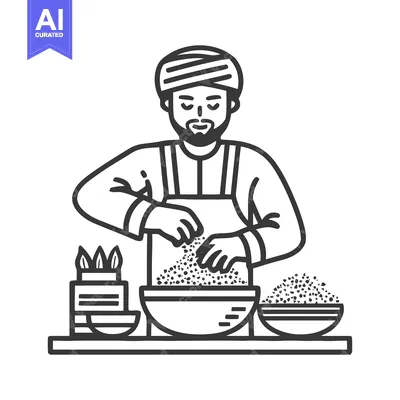 Monochrome Line Art of Bearded Man in Turban Preparing Food, Mixing In