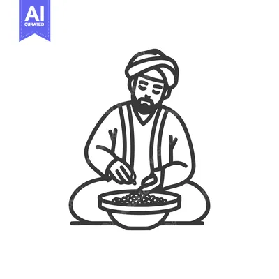 Minimalist Line Art Icon of Man in Turban Sitting Cross-Legged, Eating
