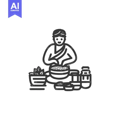 Aset desain premium: Traditional Herbalist Preparing Natural Ingredients in Bowl Line Art I