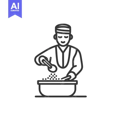 Minimalist Line Art Icon of Chef Pouring Ingredients into Mixing Bowl