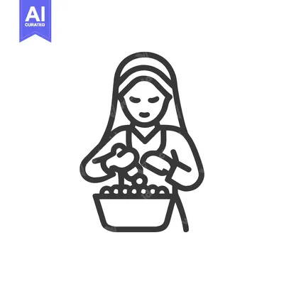 Elegant Monochrome Line Art Icon of Woman Chef Preparing Food in Bowl,