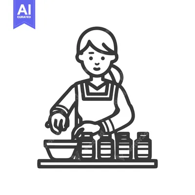 Aset desain premium: Monochrome Line Art Icon of Woman Mixing Ingredients, Bottles on Count