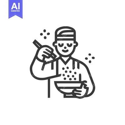 Smiling Chef Icon Stirring Food in Bowl, Minimalist Monochrome Line Ar