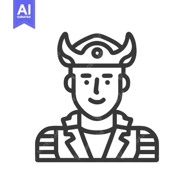 Smiling Pirate or Viking Character Line Art Icon with Horned Hat, Mini