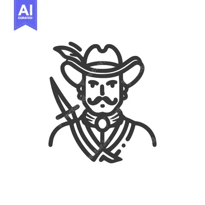 Aset desain premium: Stylized Conquistador Bust Icon with Feathered Hat and Dagger, Monochr