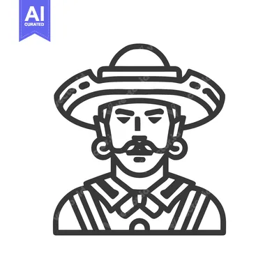Monoline Vector Icon of Stern Mexican Man in Sombrero and Traditional