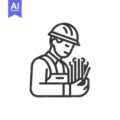 Modern Line Art Icon: Skilled Worker in Hard Hat Holding Fiber Optic C