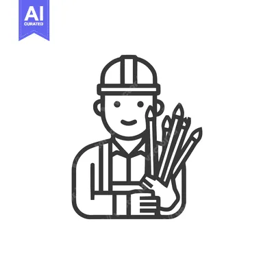 Smiling Engineer or Architect Icon with Hard Hat Holding Design Pencil