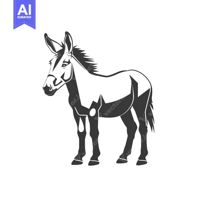 A black and white illustration of a donkey standing.