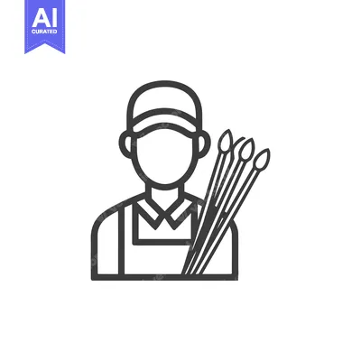 Aset desain premium: Minimalist Line Art Icon of Artist with Paintbrushes, Wearing Cap and