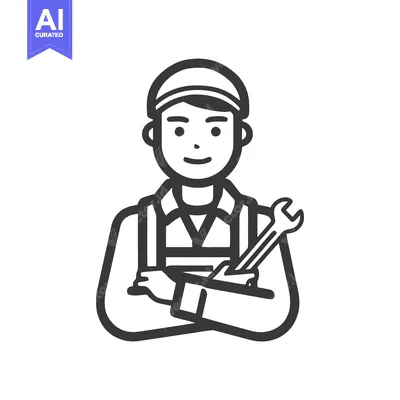 Aset desain premium: Smiling Mechanic Icon in Overalls Holding Wrench, Clean Black Line Art
