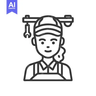 Premium design asset: Minimalist Line Art Icon of a Smiling Mechanic or Technician with Wren