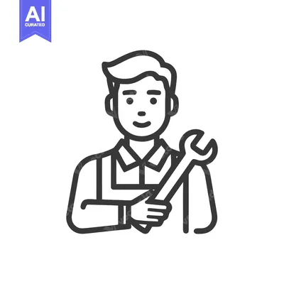 Premium design asset: Friendly Line Art Male Mechanic Icon Holding Wrench, Professional Serv