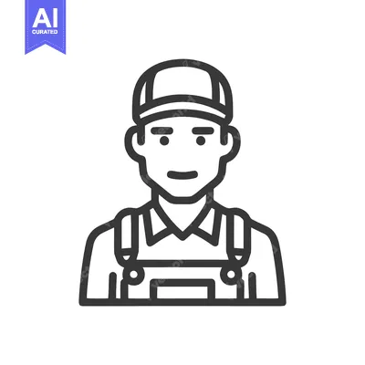 Clean Line Art Icon of a Friendly Male Worker in Cap and Overalls, Pro