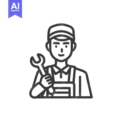 Aset premium populer: Smiling Mechanic Icon in Modern Line Art Style, Wearing Overalls and C