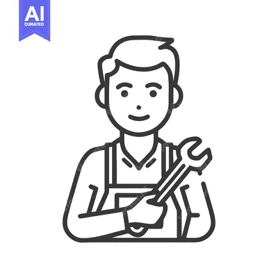 Aset desain premium: Smiling Male Mechanic Line Art Icon Holding Wrench, Professional Servi