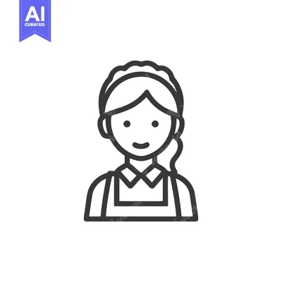 Minimalist Line Art Icon of a Smiling Female Maid or Waitress in Unifo