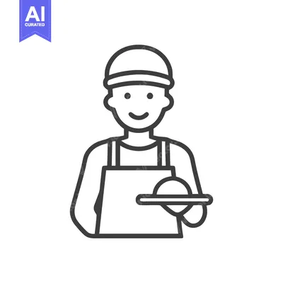 Aset desain premium: Smiling Male Worker Icon in Apron and Cap Holding Trowel, Simple Outli