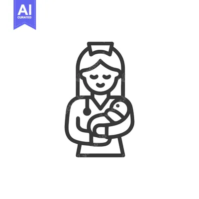 Aset desain premium: Caring Nurse Holding Newborn Baby Line Art Icon, Pediatric Healthcare