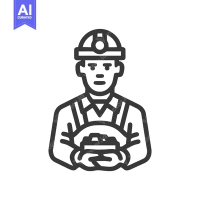 Aset premium populer: Minimalist Black Line Icon of Miner in Hard Hat Holding Coal, Symboliz
