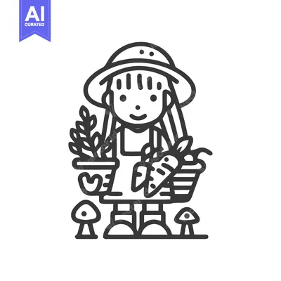 Charming Monochrome Line Art Gardener with Freshly Harvested Produce a
