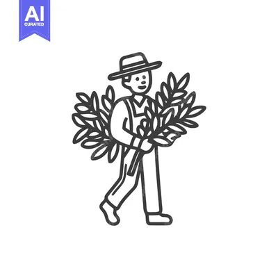 Aset desain premium: Minimalist Line Art Icon of Farmer Carrying Abundant Harvested Wheat S