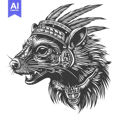 A Black and White Illustration of a Feathered and Ornamented Animal He