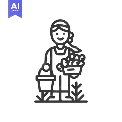 Minimalist Line Art Icon of Cheerful Female Gardener with Fresh Harves