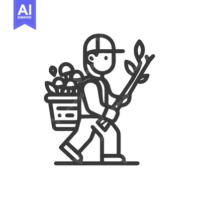 Stylized Line Art Icon of a Person Foraging Mushrooms and Carrying a B