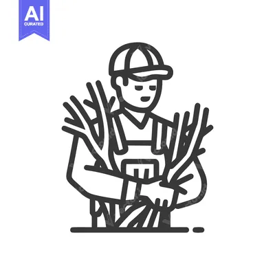 Stylized Line Art Icon: Farmer or Gardener in Overalls Holding Bundles