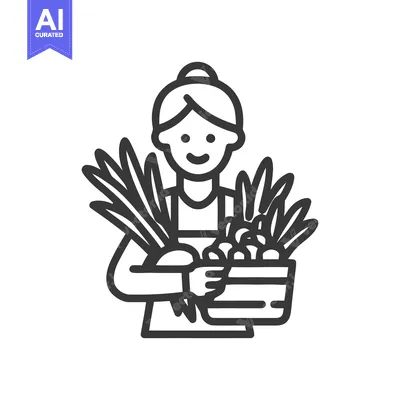 Aset desain premium: Smiling Woman Holding Fresh Harvest Vegetables in Basket Minimalist Li