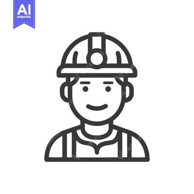 Smiling Worker Icon with Hard Hat - Minimalist Line Art Vector Illustr