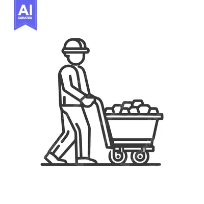 Stylized Line Art Icon of Miner Pushing Heavy Ore Cart, Industrial Lab