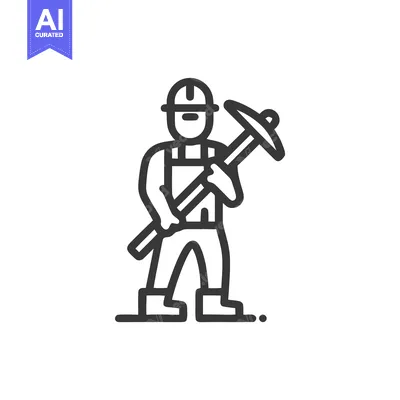 Aset premium populer: Minimalist Line Art Icon of a Miner with Pickaxe, Symbolizing Industry