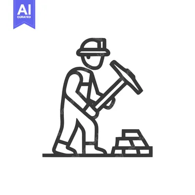 Industrial Miner Icon with Pickaxe and Gold Bars, Simple Line Art