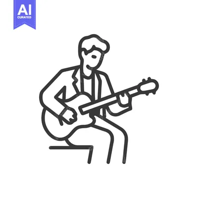 Stylized Line Art Icon: Seated Musician Playing Acoustic Guitar, Hobby